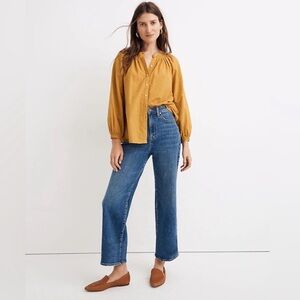 Madewell Mustard Yellow Smocked Button-Front Top with ditsy floral embroidery